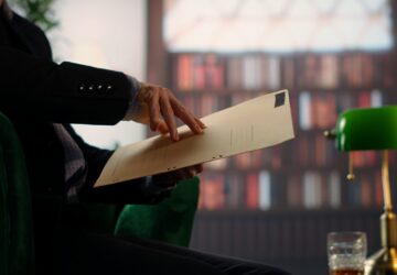 Two espionage agents reviewing confidential documents in a vintage library, emphasizing secret service teamwork and strategic planning for a mission. Reading government reports. Camera B.